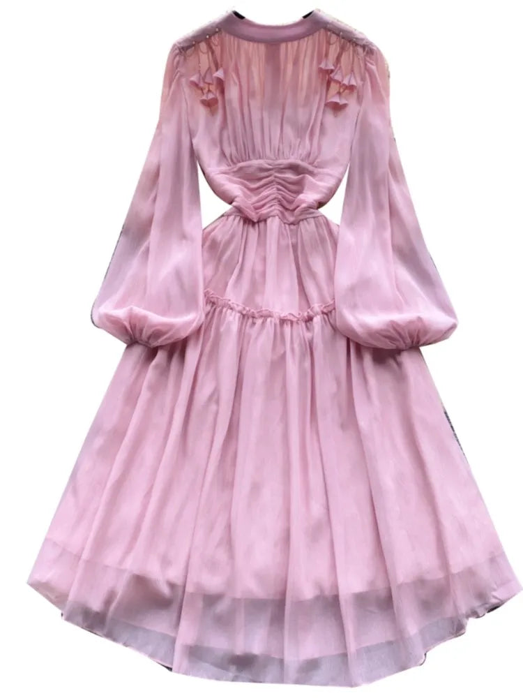 Elegant Tassel Beaded Lantern Sleeve Midi Dress Women French Stand Collar Slim A-Line Pleated Female One Piece Casual Mujer New