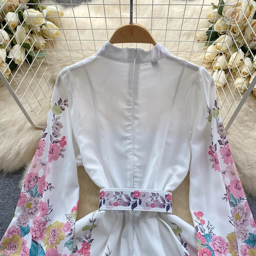 Spring Clothes For Women Vintage Floral Print Dress Stand Collar Long Sleeve Mini Dress With Belt Wedding Elegant Party Dresses