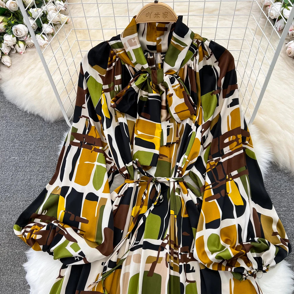 Elegant Casual A-Line Vintage Ruffle Print Long Dress Autumn Lantern Sleeve Party Boho Dresses Beach Holiday Female Vestidos
