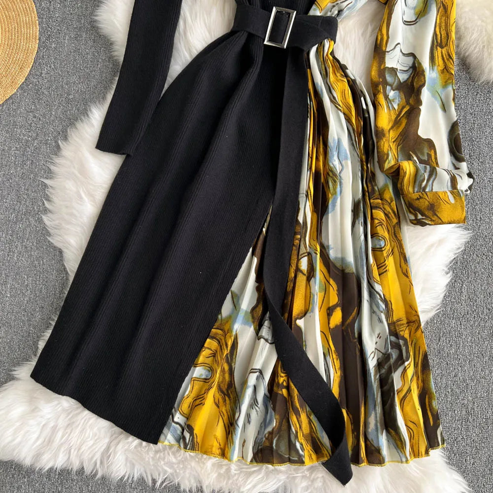 Elegant Chic Print Patchwork Knit Dress French Long Sleeve Party A-line Vestidos High Waist Basic Slim Women Autumn Winter Dress