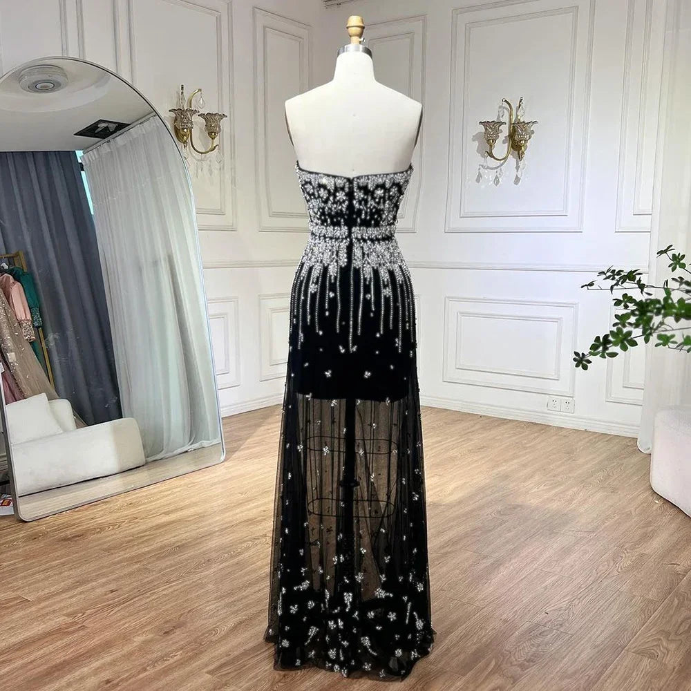 Serene Hill Black Sexy Off the Shoulder Puff Sleeves Evening Dresses Beaded Overskirt Mermaid Party Gown For Women 2023 BLA72002