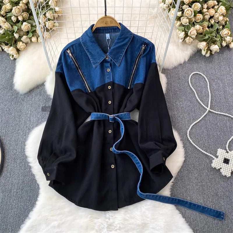Denim Spliced Long Sleeve Shirt Coat Women Zipper Design Fashion Belt Lapel Mid Long Shirt Jacket Female Autumn Casual Blouses