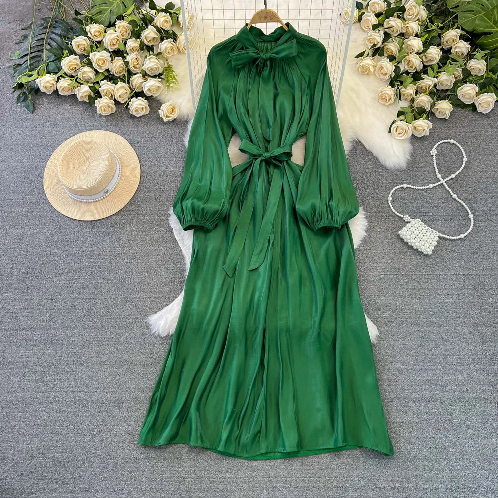 Autumn Elegant Women Fashion Party Long Dress Bow Lace Up Long Sleeve Evening Dresses A-Line Casual Vestidos One Piece Prom Robe