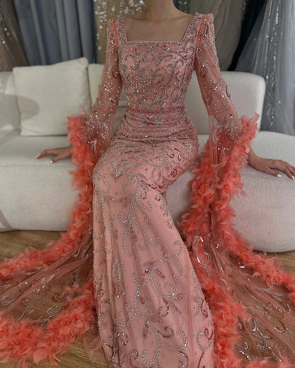 Serene Hill Flared Sleeves Mermaid Peach Beaded Feather Luxury Evening Dresses Gowns For Women's Party 2024 LA72767