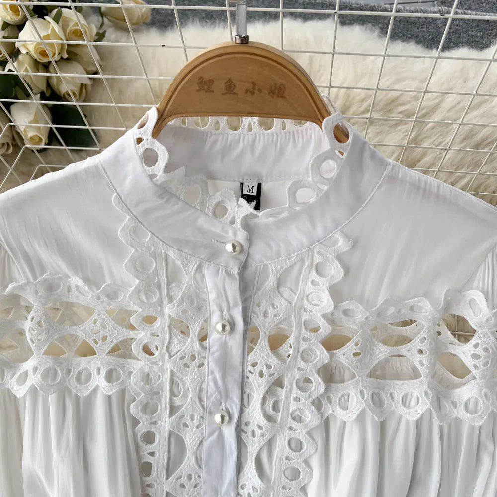 2023 Spring Summer Holiday Dress Women Stand Collar Long Sleeve Button Up Embroidery Trim Luxury Elegant Mini Dress With Belt
