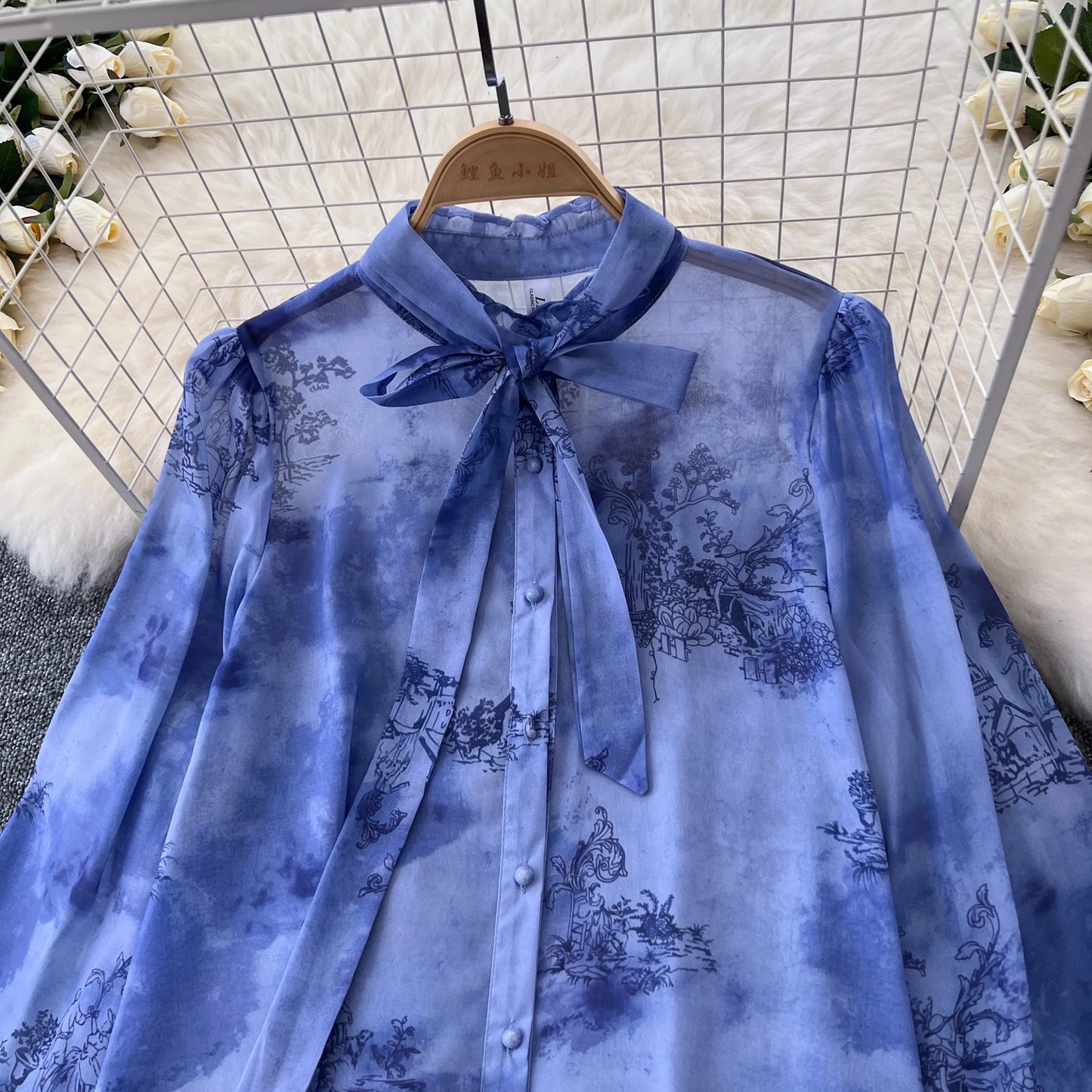 Women Chic Print Sweet Two Pieces Sets Bow Lantern Long Sleeve Top  High Waitst Wide Skirt Fashion Summer Sets