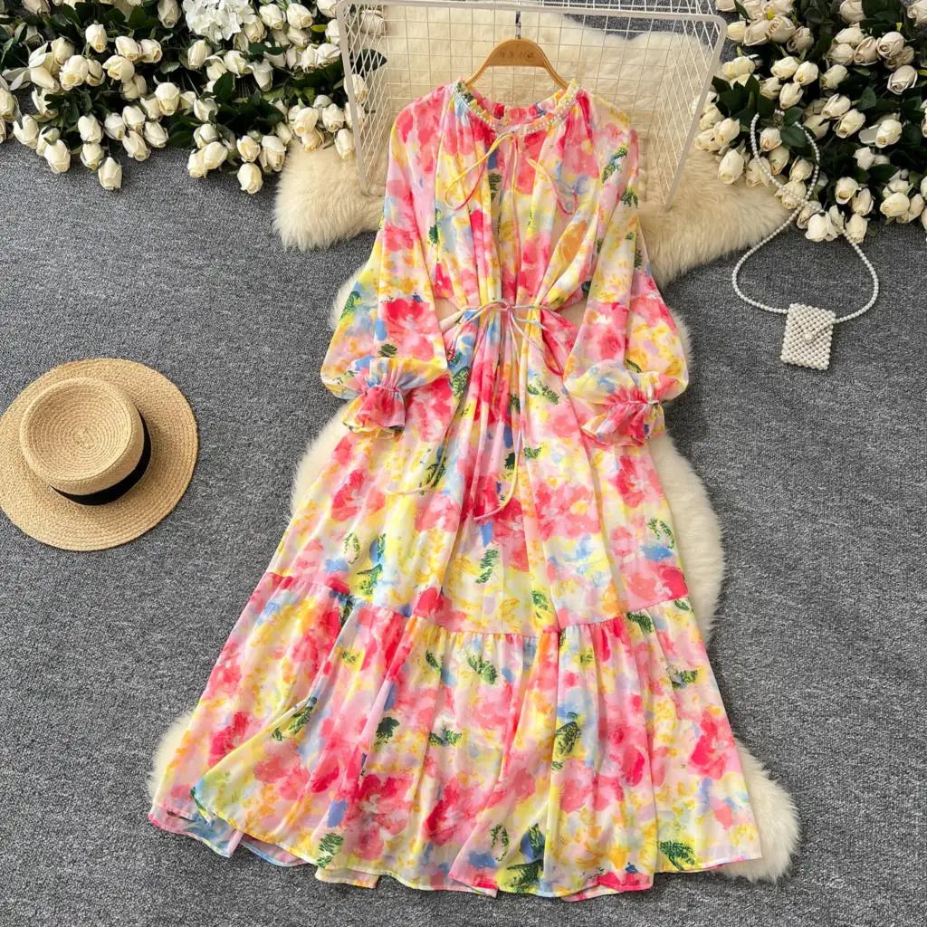 Elegant Floral Print Party Dress for Women French O-Neck Embroidered Flares Lace Up Lantern Long Sleeves Chiffon Long Dresses