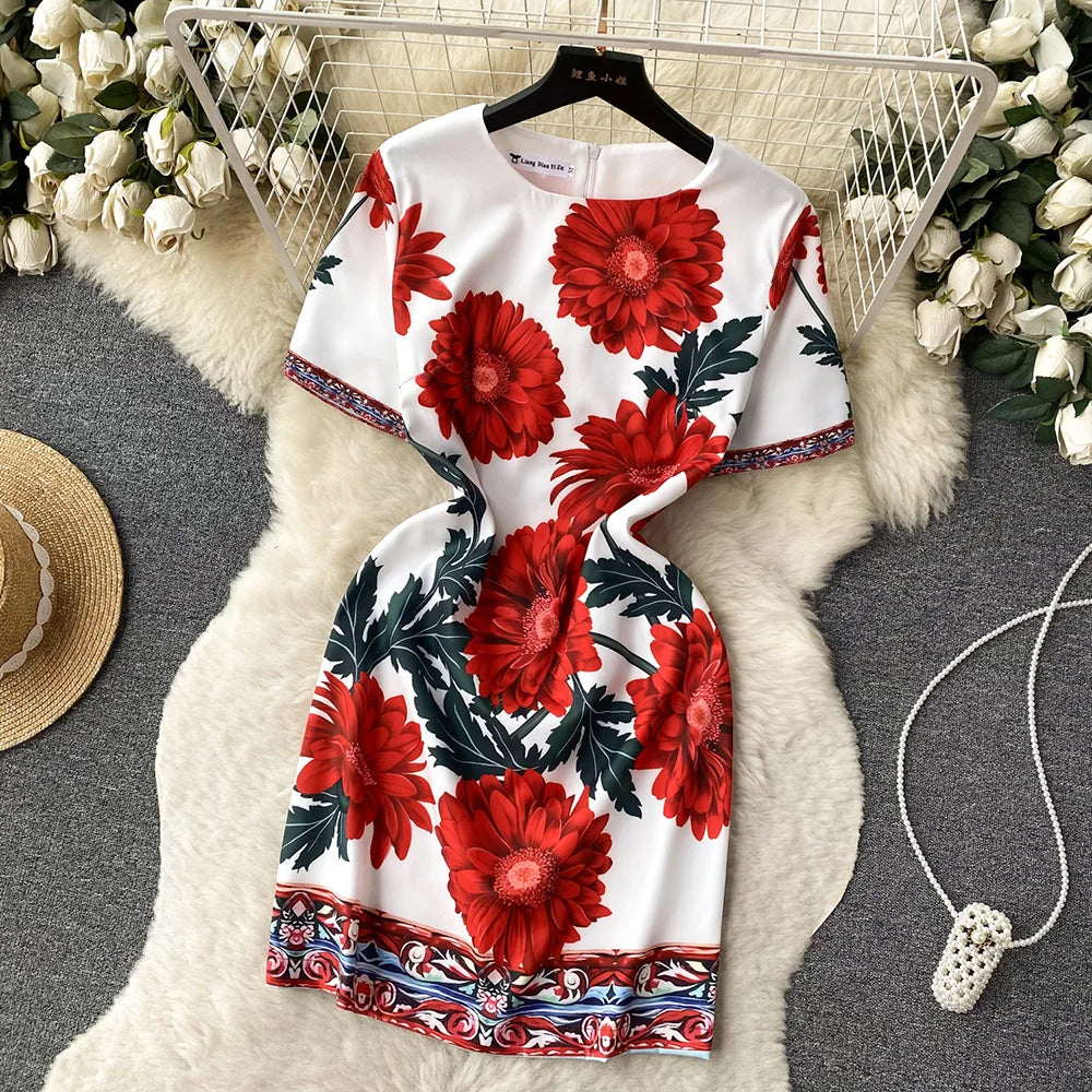 Summer Dresses Fashion Women Clothing 2023 Wedding Party Elegant Vintage Print Dress Round Neck Short Sleeve Straight Mini Dress