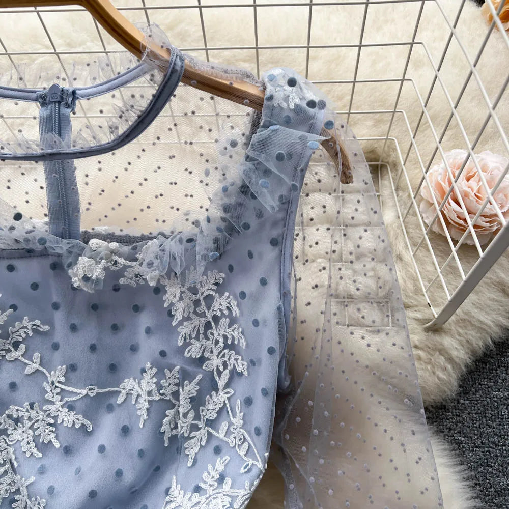 High Quality France Style Mesh Dress Women Long Ruffles Sleeves O Neck Embroidery Dot Zipper Ruched Gentle Party Sundress
