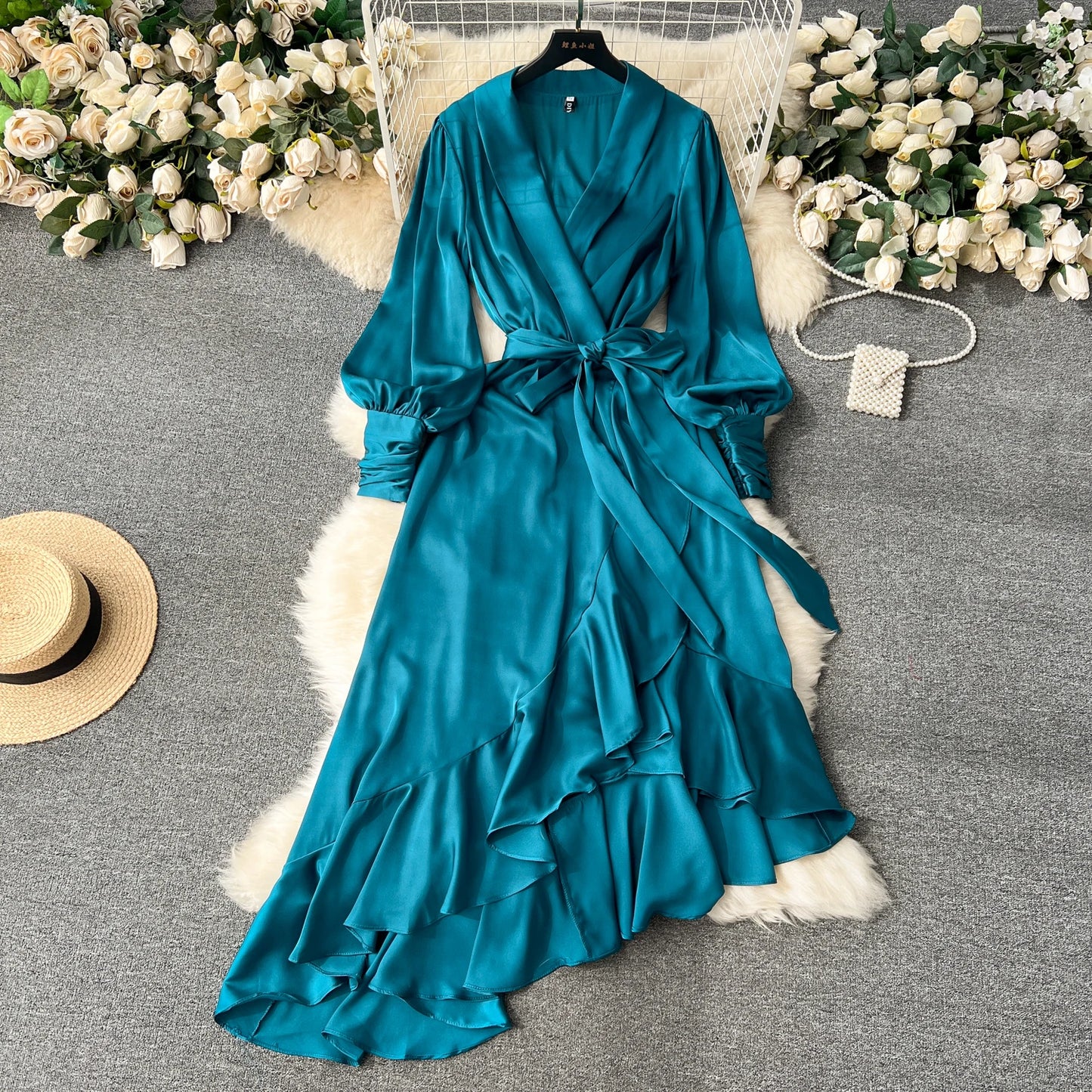 Women Elegant Satin Dress Summer Bandage High Waisted Ruffled Irregular Blazer Dresses Ladies A-line Vintage Party Long Robe