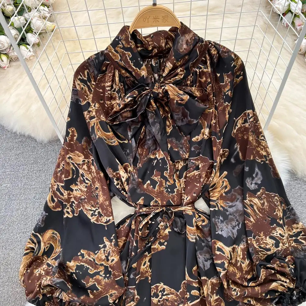 Elegant Casual A-Line Vintage Ruffle Print Long Dress Autumn Lantern Sleeve Party Boho Dresses Beach Holiday Female Vestidos
