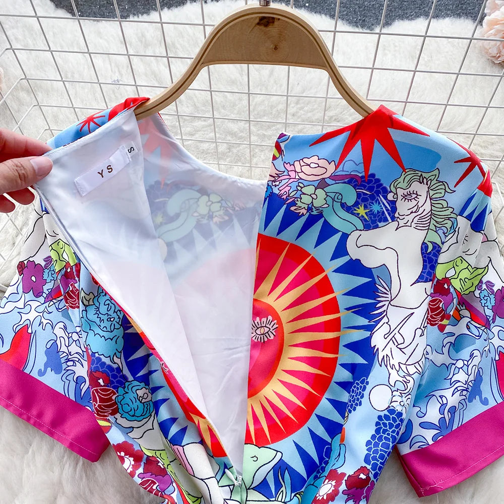 Fashion Vintage Print Summer Dresses For Women 2024 Round Neck Short Sleeve Mini Dress Elegant Party Dresses Womens Clothing