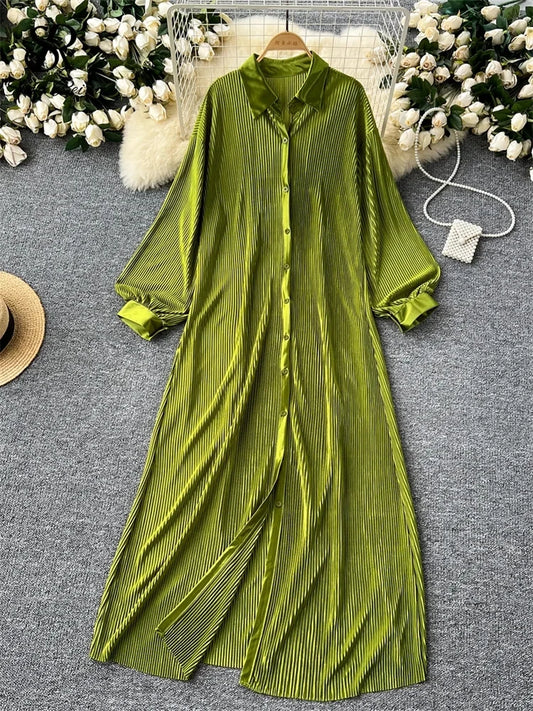 SINGREINY Autumn Casual Loose Dress 2024 Women Single Breasted Pressed-Pleated Drape Chic American Fashion Homewear Shirtdress