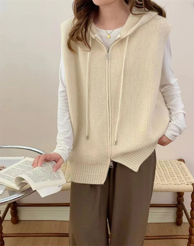 Zipper Knitted Hoodie Women's Autumn and Winter New Style Loose Casual Sleeveless Sweater Solid Color Trendy Tank Top Coat
