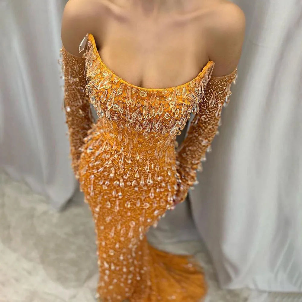 Serene Hill Arabia Orange Mermaid Strapless Luxury Beaded Crystal Evening Dresses Gowns for Women Wedding Party 2024 LA72402