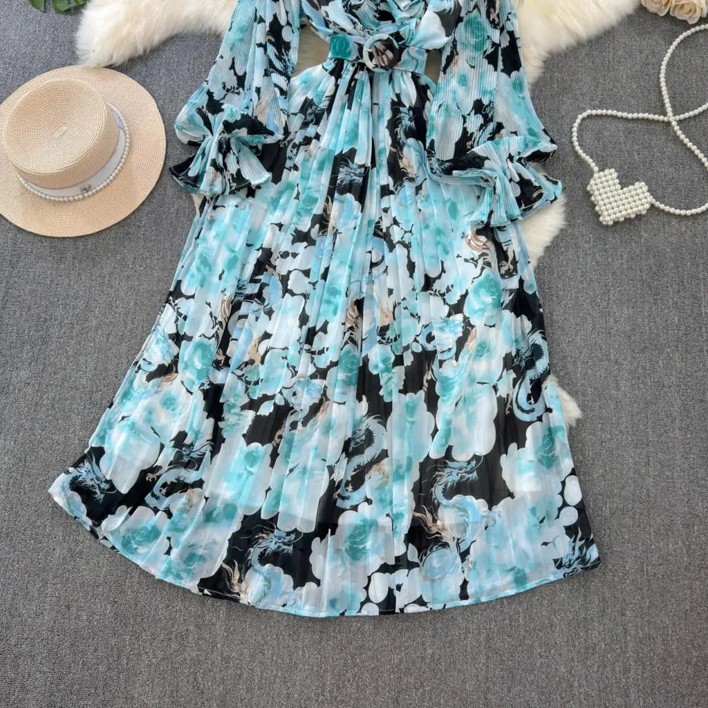Summer Vintage Casual A-Line Floral Print Women Dress Elegant Chic Pleated Party Prom Vestidos with Belted Female Long Robe
