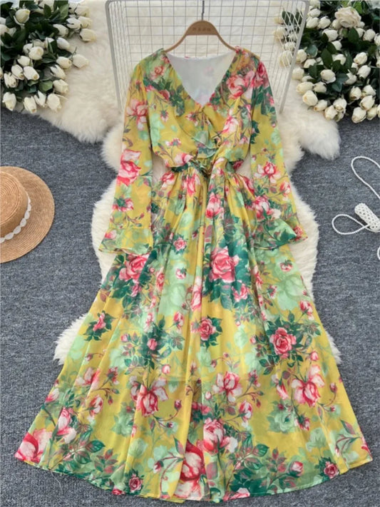 Women Elegant Floral Print Dress for Women Vintage V-Neck Long Sleeves Chiffon Slim A-Line Vestidos Mujer Autumn Female Clothes