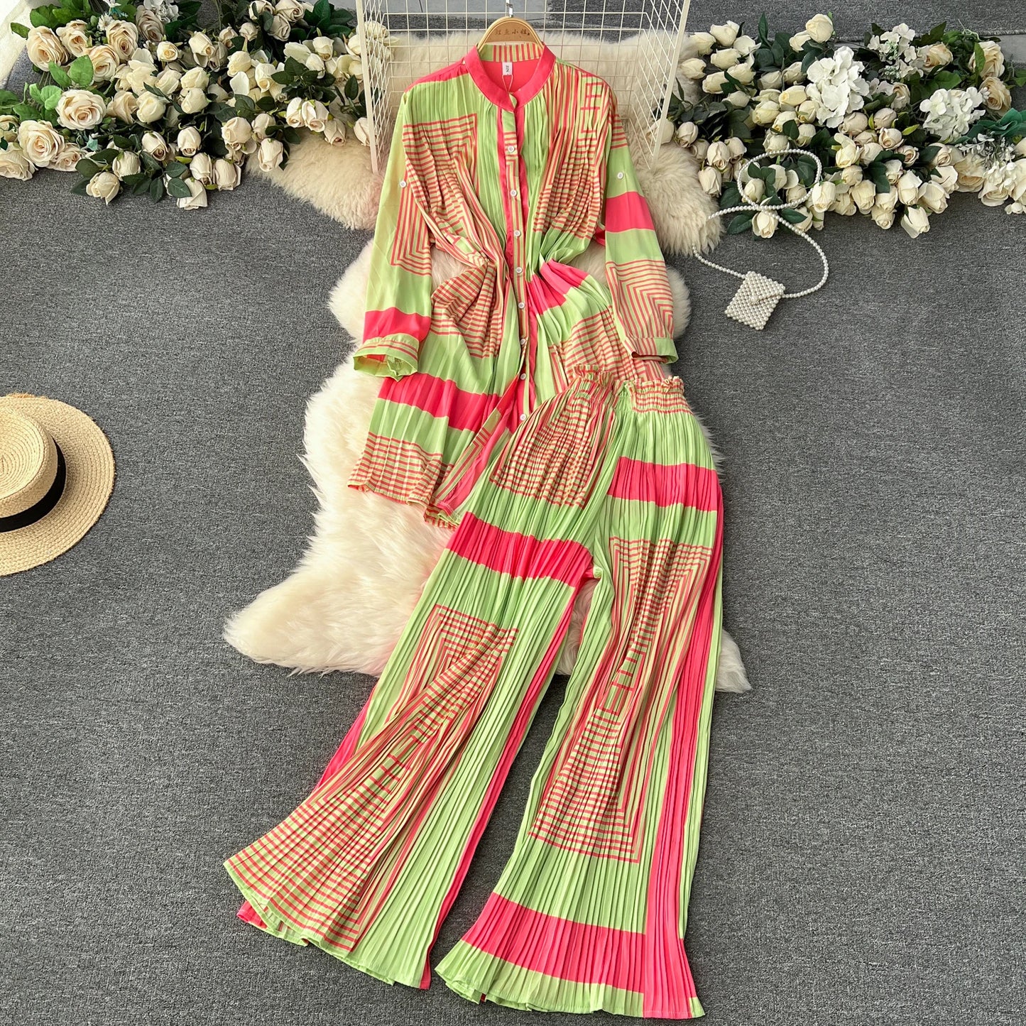 Autumn New Fashion European Lace Up Mid Length Print Top Dress Women's Elegant High Waist Casual Wide Leg Pants Two Piece Set