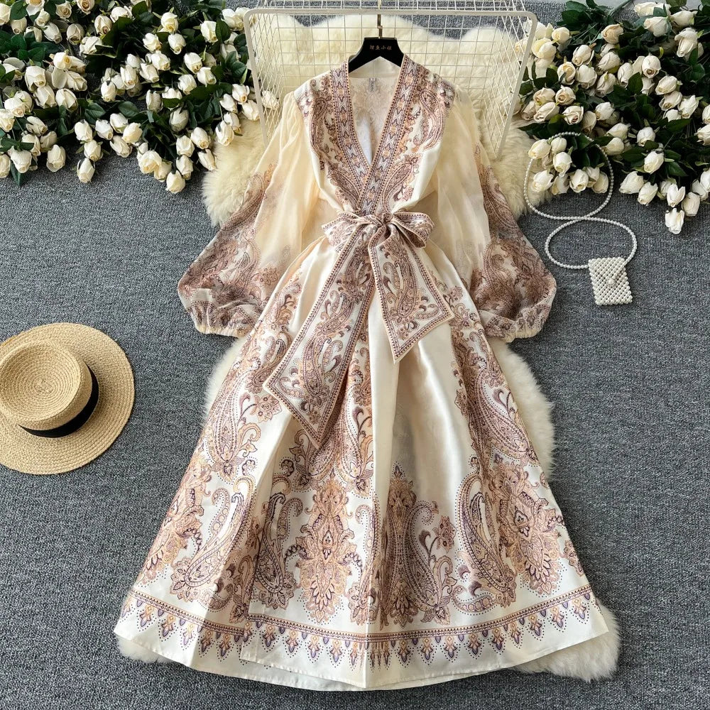 Vintage Elegant sweet puff sleeve Bandage Dress A-line Chic Casual Beach Vacation Women Summer dresses