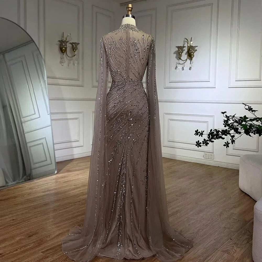 Serene Hill 2024 Nude Cape Sleeves Mermaid Lace Beaded Luxury Dubai Long Evening Dresses Gowns for Women Wedding Party BLA71885A