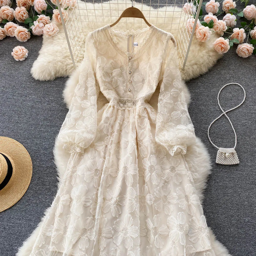 Elegant and Chic Women Fashion Lace Midi Party Dress Spring Vintage A-Line Solid Birthday Prom Vestidos Female Clothes Robe New