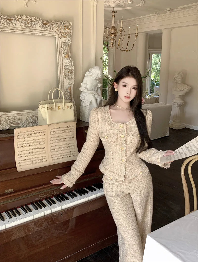 Women's Luxury Slim Tweed Pants Suits High Waist Long Trousers+Square Collar Cropped Coat Elegant 2 Piece Set Female Outfits
