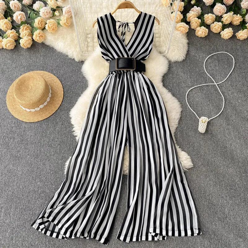 Women Chiffon Striped Jumpsuits Summer Sexy V-neck Sleeveless Elegant Wide-leg Long Pants Playsuits Ladies Dot Romper Overall