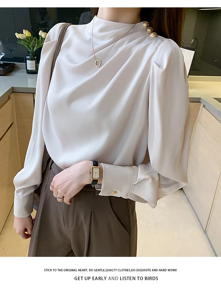 Autumn New Women's Style Stand up Collar Pleated Long Sleeve Top Fashion Lantern Sleeve Loose Elegant Solid Color Shirt Blouse