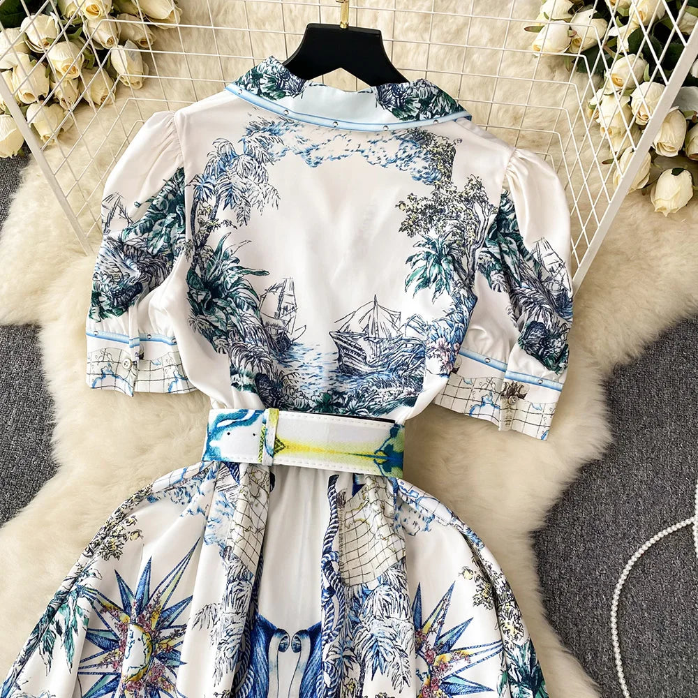 Women Dresses 2023 Short Puff Sleeve Fashion Vintage Print Dress Notched Lapel Front Button Up Elegant Shirt Dress With Belt