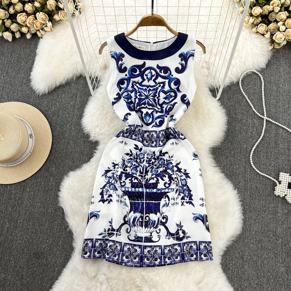 Short Dresses 2023 Fashion Women Clothing Elegant Vintage Print Party Dress Summer Sleeveless Round Neck A Line Mini Dress