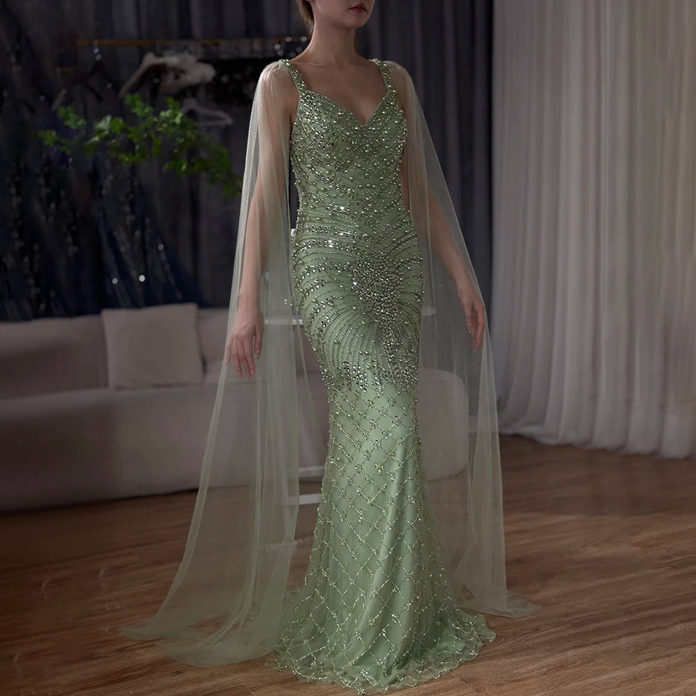 Serene Hill 2024 Arabic Nude Mermaid Cape Sleeve Beaded Luxury Saudi Evening Gown for Formal Occasion LA72748