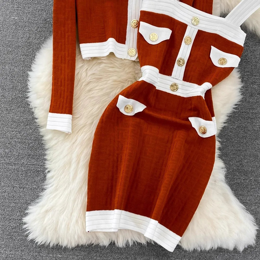 Spring Autumn New Trendy Knitted Two Piece Set for Women Vintage Elegant Slim Suits V-neck Short Cardigan+Mini Hip Wrap Dress