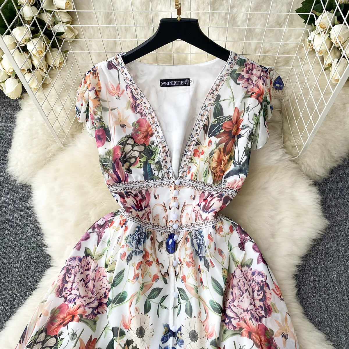 Short Dresses Women Cap Sleeve Vintage Print Chiffon Dress Faux Pearl Buttoned V Neck Ruffle Hem Wedding Elegant Party Dress