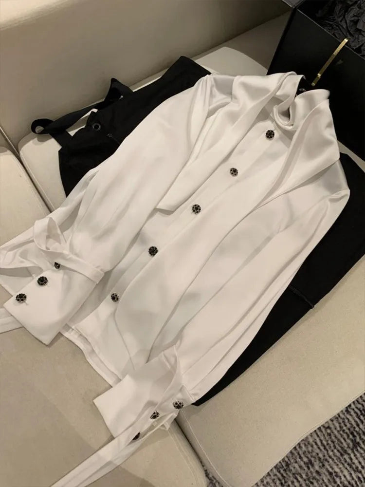 Spring and Autumn New Long sleeved Single breasted Shirt Blouse Women's Palace Style Satin Effect White Shirt with Ribbon Design