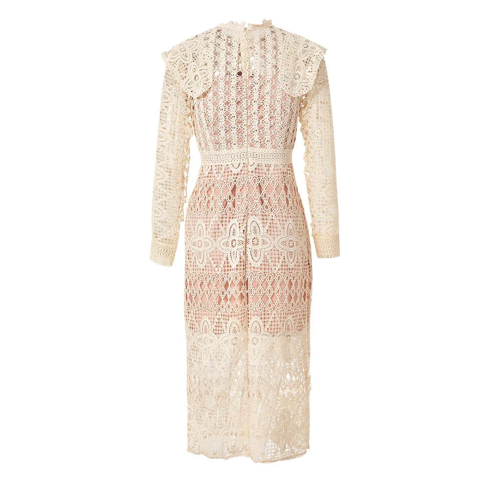 Spring Hollowed Out Design Long Sleeved Lace Dress for Women's Temperament and Elegant Slim Long Dresses with a Waist