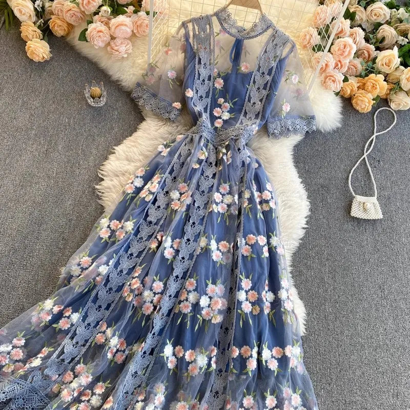 Elegant Mesh Embroidery Dress Women Korean Fashion Summer O Neck Short Sleeve Long Mesh Dress Party Vestidos
