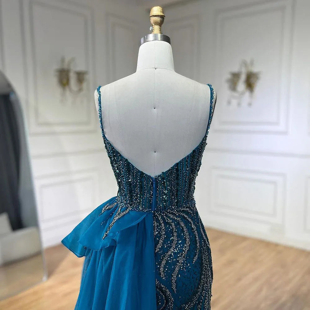 SERENE HILL 2024 Turquoise Spaghetti Strap Luxury Beaded Evening Dresses Mermaid Elegant Overskirt Gown For Women Party GLA72378