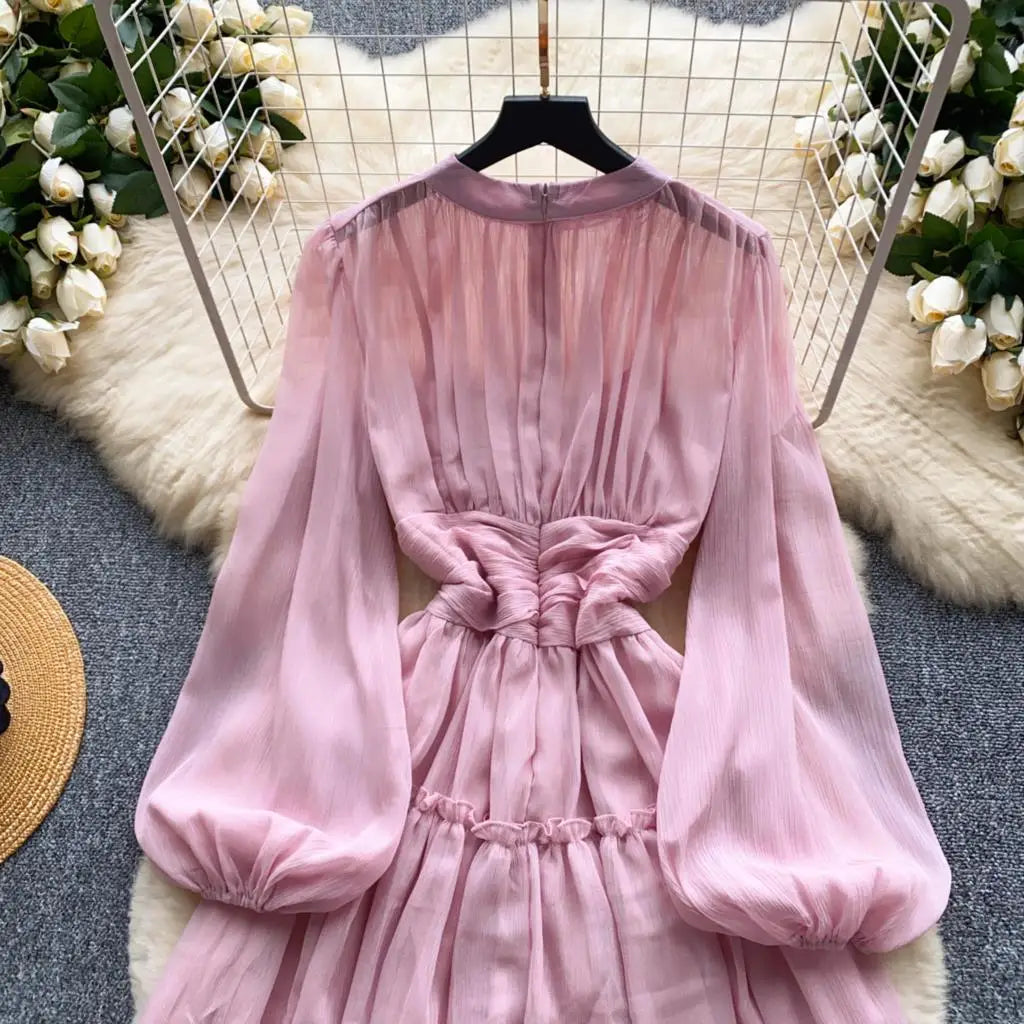 Elegant Tassel Beaded Lantern Sleeve Midi Dress Women French Stand Collar Slim A-Line Pleated Female One Piece Casual Mujer New
