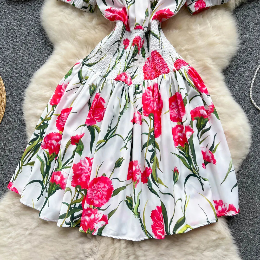 Women Elegant Vintage Floral Print Dress 2023 Summer Short Sleeve Off Shoulder Dress Shirred Elastic Waist Beach Holiday Dress