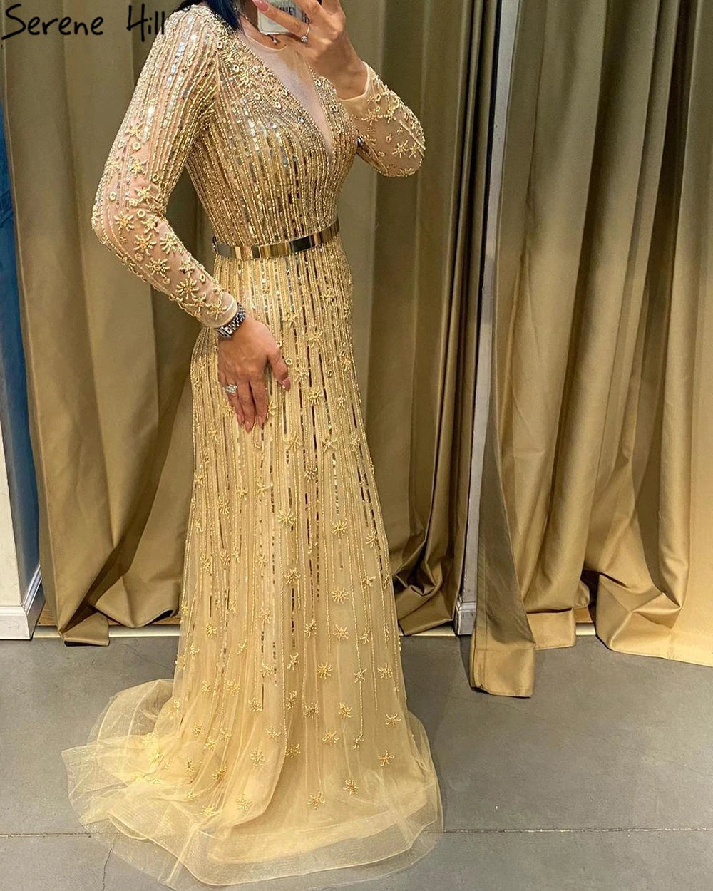 Serene Hill Muslim Gold A-Line Luxury Evening Dresses Gowns 2022 Sparkle Beaded Long Sleeves Sexy For Women Party GLA70674