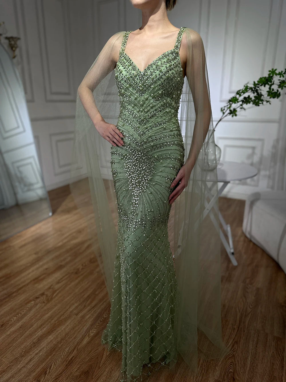 Serene Hill 2024 Arabic Nude Mermaid Cape Sleeve Beaded Luxury Saudi Evening Gown for Formal Occasion LA72748