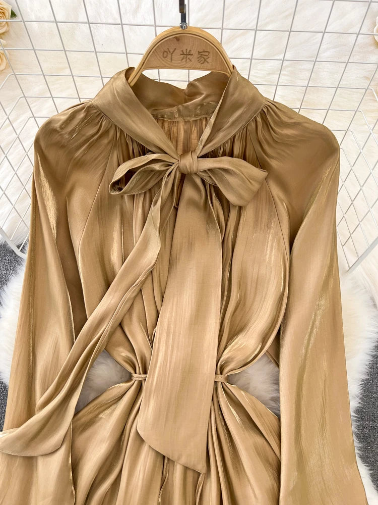 Elegant and Chic Solid Evening Dresses for Women Fashion New Bow Lace Up Flare Long Sleeve A-Line Vestidos Autumn Female Clothes