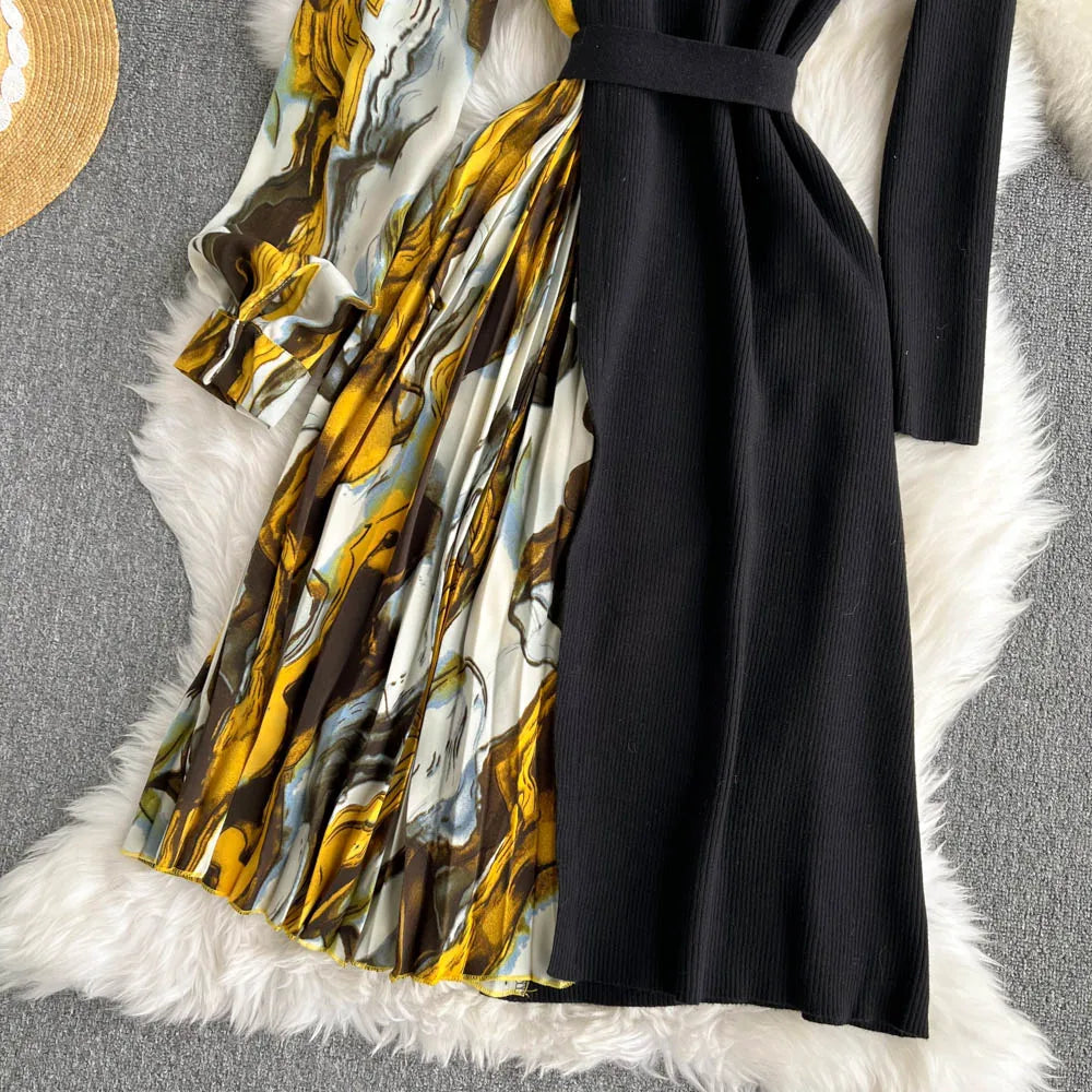 Elegant Chic Print Patchwork Knit Dress French Long Sleeve Party A-line Vestidos High Waist Basic Slim Women Autumn Winter Dress