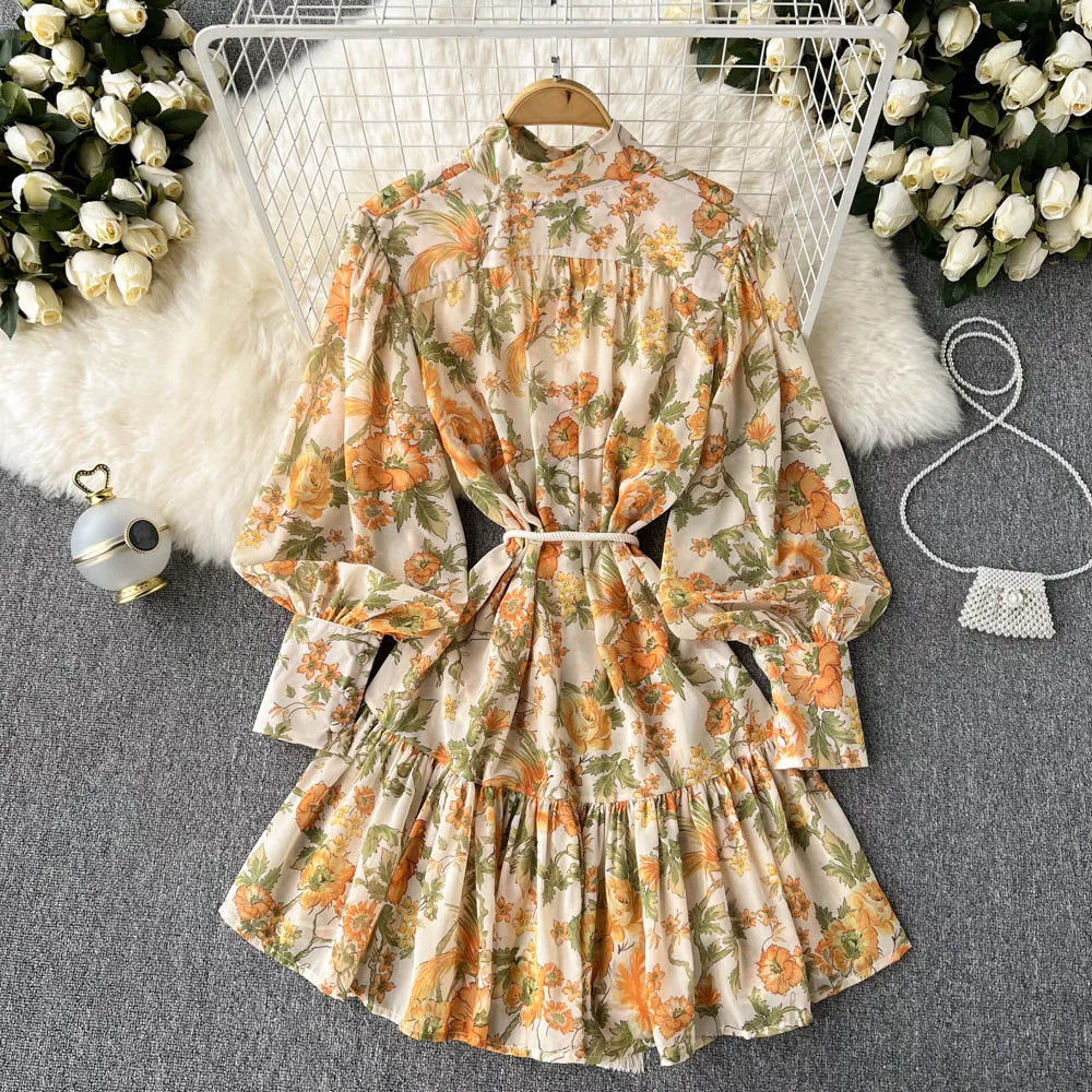 Elegant Party Dresses For Women Stand Collar Vintage Floral Print Dress Long Sleeve Holiday Beach Chiffon Mini Dress With Belt