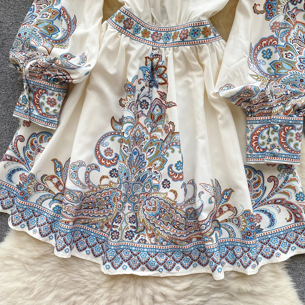 Elegant Dresses For Women 2024 V Neck Vintage Paisley Print Mini Holiday Dress Spring Ruffle Trim Long Sleeve Bohemian Dress