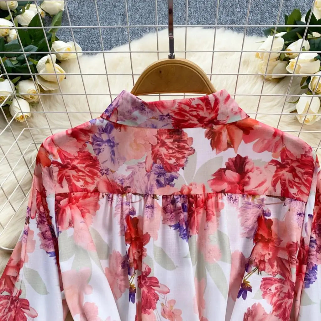 Elegant Casual Women Pleated Print Mini Dress Vintage Lace-up Lantern Sleeve Ruffles Short Dresses Female Party Clothes Robe