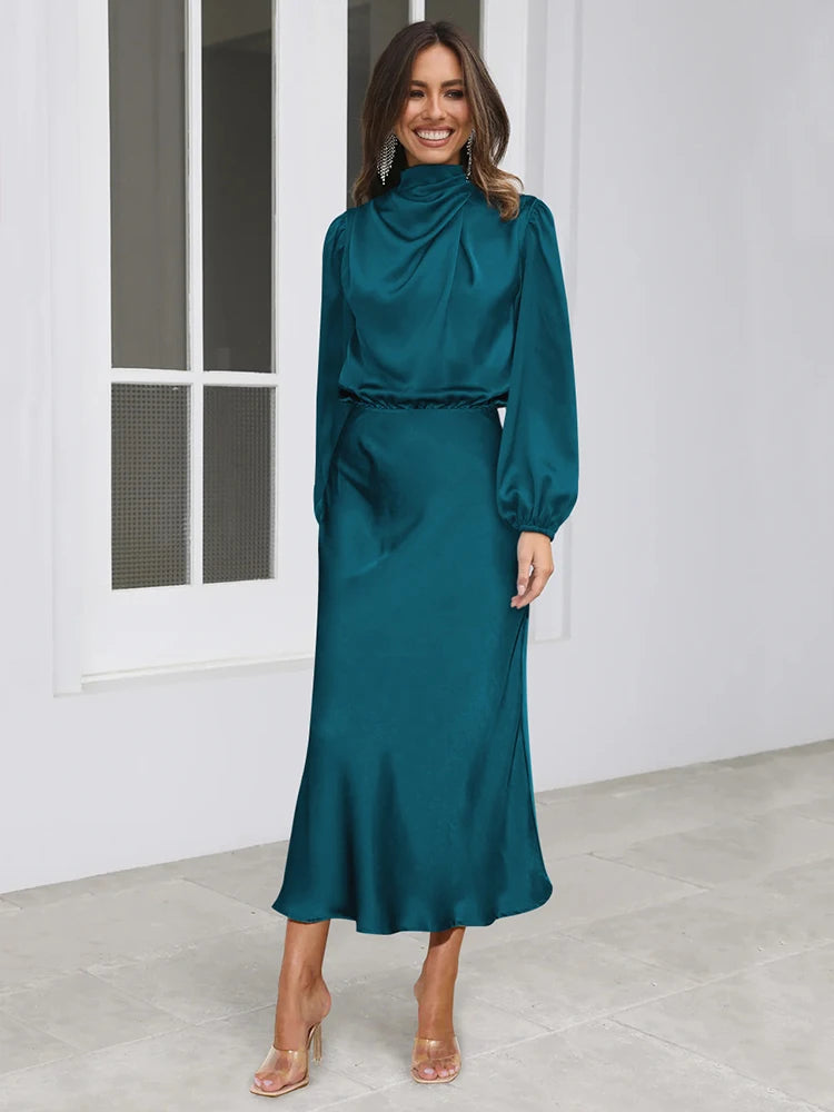 Spring Summer New High-End Satin Long Sleeved Dress Women's Ladylike Elegant Evening Dress Party Clothes Celebrity Dresses