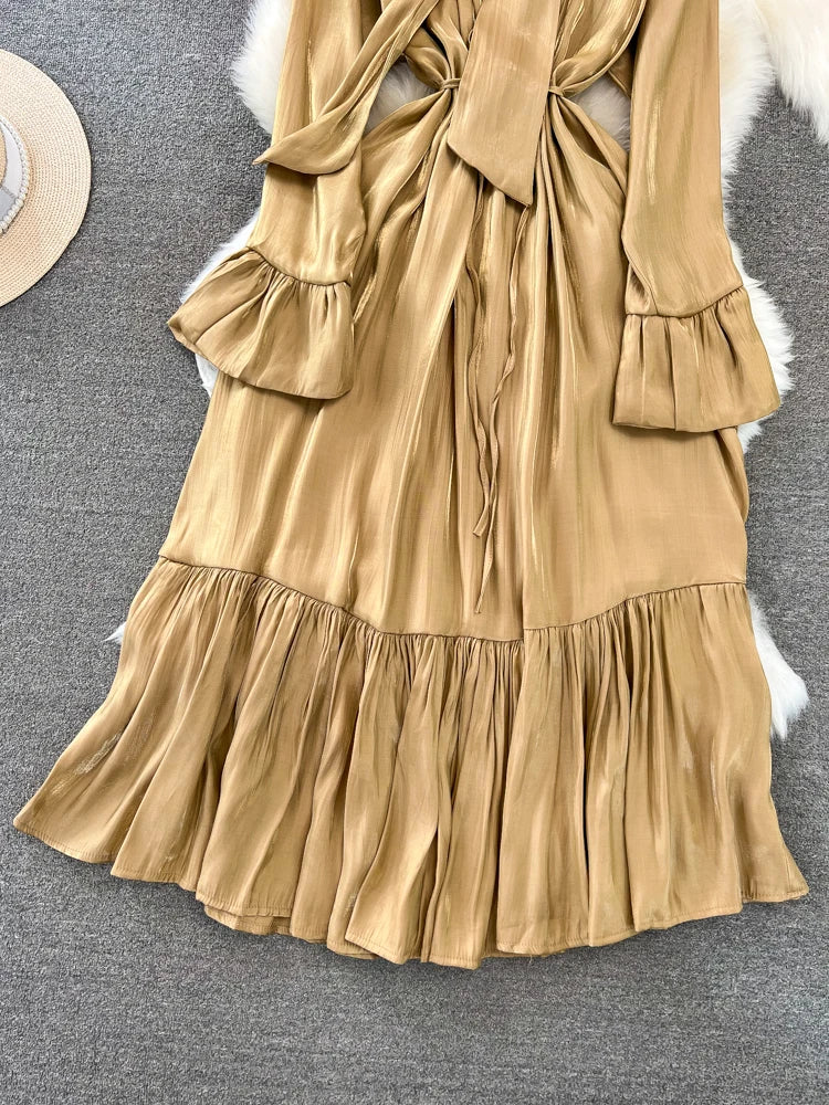 Elegant and Chic Solid Evening Dresses for Women Fashion New Bow Lace Up Flare Long Sleeve A-Line Vestidos Autumn Female Clothes
