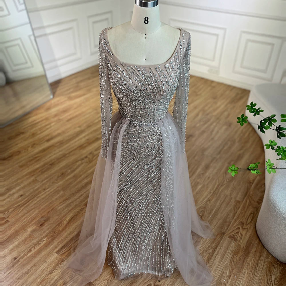SERENE HILL 2024 Arabic Dubai Silver Gray Beaded Mermaid Evening Dresses Long Sleeves Gown With Skirt For Women Party GLA71618L