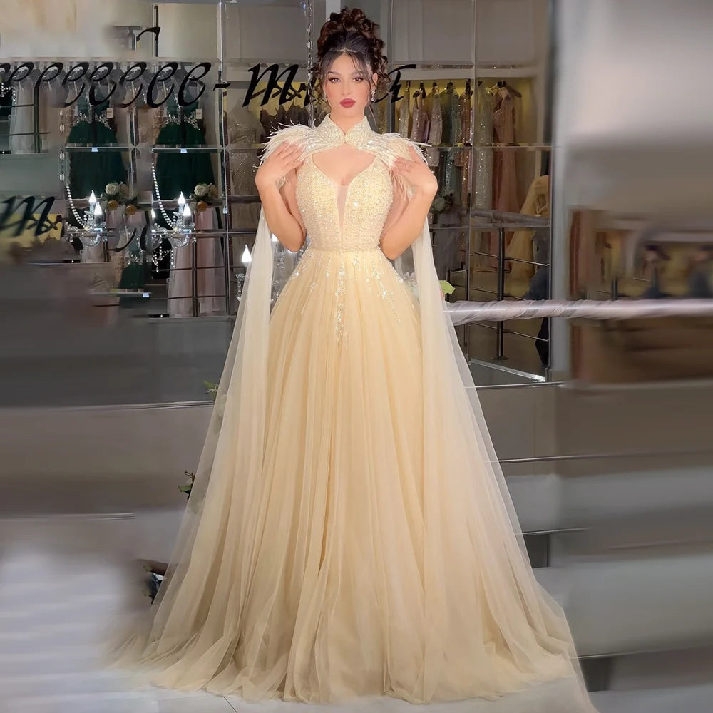 Serene Hill Arabic Beige A-Line Feathers Long Cape Luxury Beaded Saudi Evening Dresses Gowns for Formal Occasion 2024 LA72722